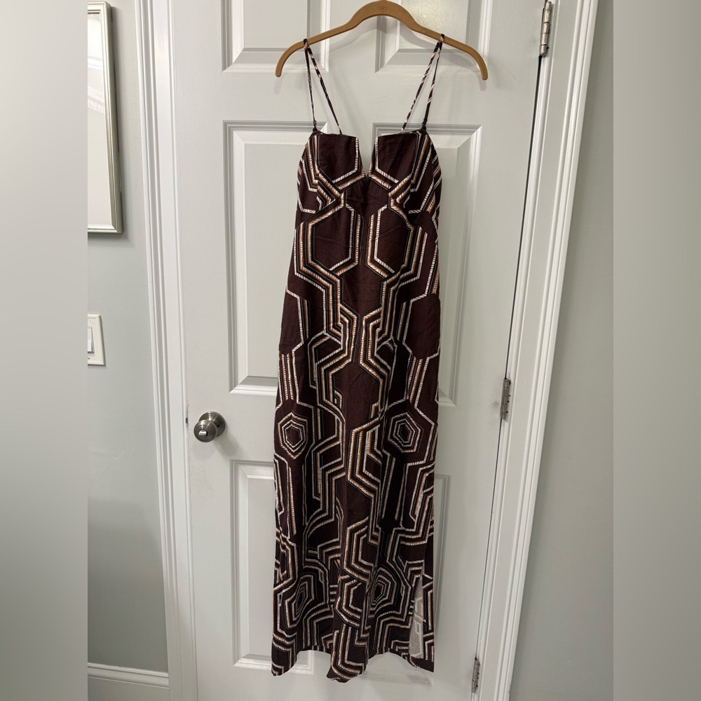 NWT Anthropologie Soleil Linen Geometric Plunge- Neck Midi Dress - Picture 4 of 8